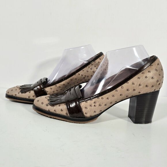 Pilar Abril Ostrich Leather Block Heel Shoes‎ EU 40 US 9.5 Tan Brown Tassels - Picture 4 of 12